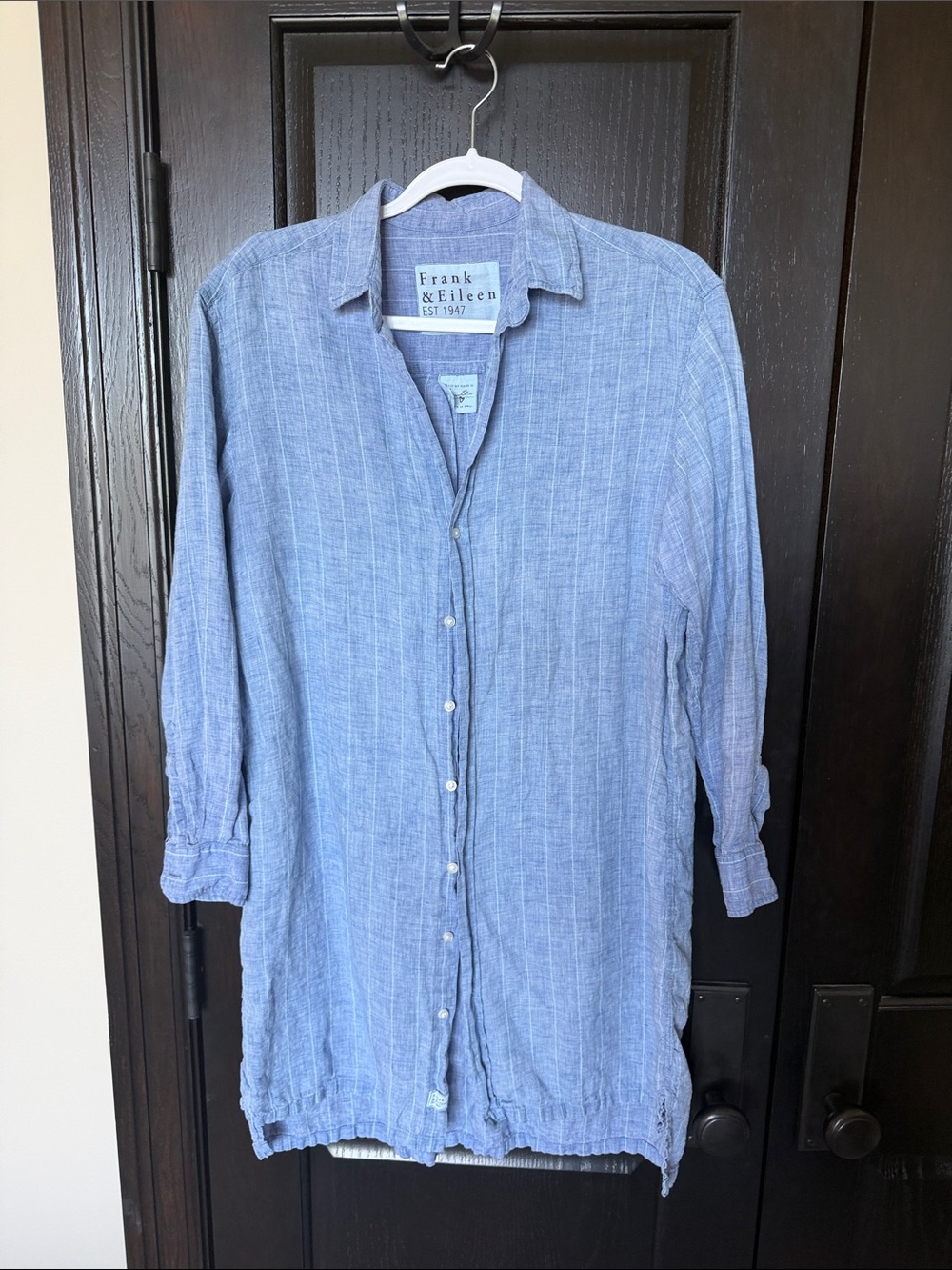 Frank & Eileen Hunter Light Blue Striped Linen Button-Down Shirtdress